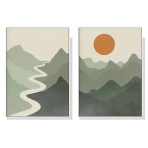90cmx135cm Sage Green River Mountain 2 Sets White Frame Canvas Wa...