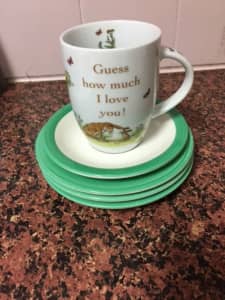 Nice gift inscription Coffee mug and 4 green edge saucers