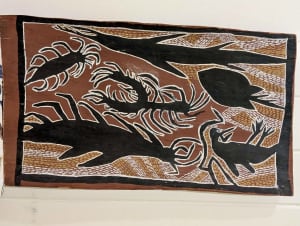 Old Aboriginal bark painting marine creatures Groote Eylandt NT 1960s