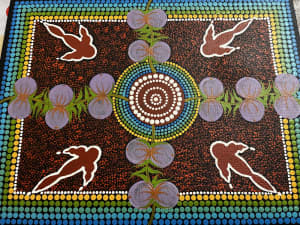 Aboriginal Artwork - Emu eating some bush plums and looking for water