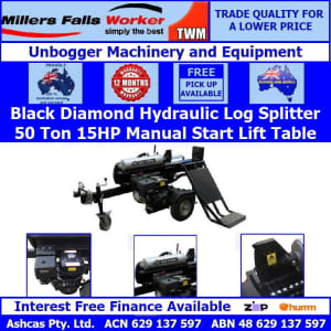 Black Diamond 50 Ton Pull Start Log Splitter J/ Wheel Lift Table