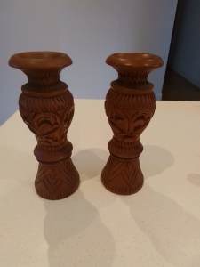 2 NEW CARVED WOODEN CANDLE STICK HOLDERS H-26cm