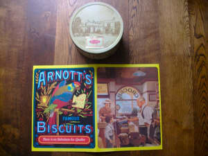 ARNOTTS VINTAGE BISCUIT TIN AND LARGE PROMOTIONAL SIGN EXCELL CONDIT