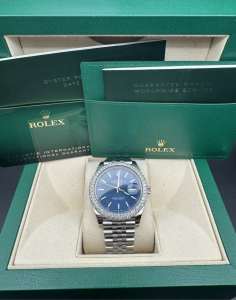 Rolex DateJust 41mm 126300 Blue Dial 3.4ct Diamond Bezel Watch MINT