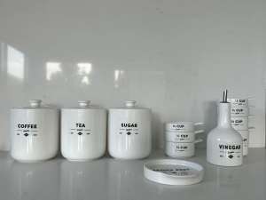 12pc Kitchen White Ceramic Canister Jar Measuring Cup Oil Storage Set
