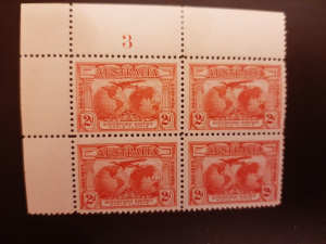 KINGSFORD SMITH 2D PLATE BLOCK OF 4 STAMPS MUH
