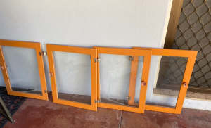 Free. Four old fashioned cupboard doors, 3 with stencilled glass
