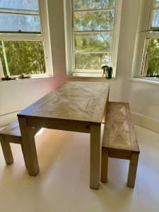 Solid Timber Dining Table with Bench Seats. 