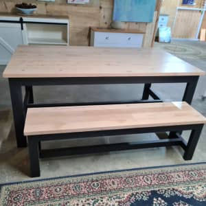 SALE Solid timber table & bench seat H-frame base reclaimed Oregon top