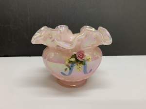 Fenton Pink Glass Hand Painted Vase. 12cm high. Perfect condition.