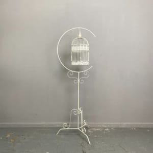 Rustic White Birdcage on Wrought Iron Stand