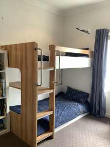 Bunk Beds and two mattresses (oak and white) 