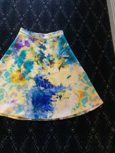 BNWOT H&M $85 yellow/blue/green abstract Aline midi skirt,44EU/14-16AU