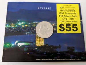 1991 Tasmania Coat Arms $10 Silver Coin (RAM Uncirculated 20g .925)