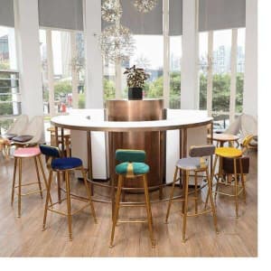 Sleek Bell Kitchen Bench Height Stool With Legs are Covered Metallic