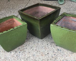 3 Green Glazed Pots Planters