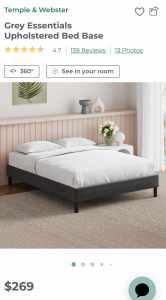 Queen Size Bed Base - Grey Essentials Upholstered