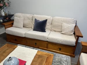 2 pc Timber & fabric sofas with ample storage