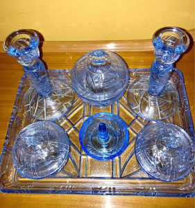 Blue Glass Art Deco Dressing Set