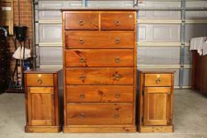 VGC walnut colour wooden 7 drawer tallboy&2 bedside tables can deliver