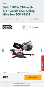 Ozito 1800W 210mm 8-1/4 Double Bevel Sliding Mitre Saw