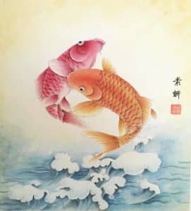 Chinese Traditional Water Painting - Two Fishes   Art