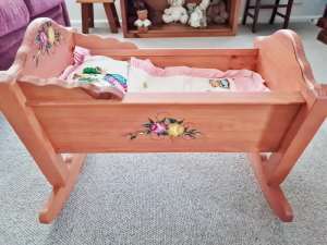 Dolls Cot -Timber, hand painted/hand crafted. Excellent condition $95
