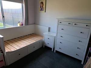 Single bed, bed side table and chest of draws
