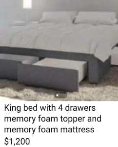 King bed with 4 draws light grey fabric.