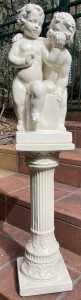 Garden Ornamental White Ceramic Statue of Hugging Cherubs on Pedestal