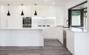 kitchen cabinets (L shaped with island in matte white )