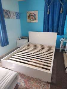 White Queen bed frame with slats