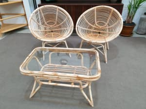Vintage Retro Cane Bamboo Chairs Table 