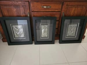 Professionally framed pewter artwork - set of 3
