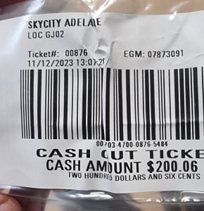 SkyCity Adelaide $200 ticket/credit 
