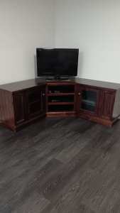 3 piece corner unit - stained pine - DVD slots and shelving