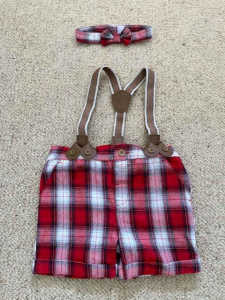 SIZE 0 RED CHECK SHORTS WITH SUSPENDERS & MATCHING TIE