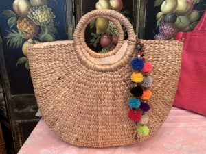 Wicker woven straw bag large with scarf and extras 