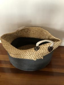 LARGE NATURAL STRAW & CHARCOAL BASKET WITH HANDLES