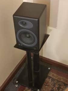 Audioengine A5 Plus powered bookshelf speakers and stands