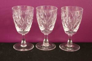3 Webb Corbett hand cut crystal port, sherry, liqueur, shot glasses.
