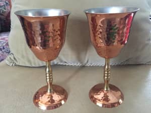 2 Vintage Hand Hammered Copper Wine Goblets/Glasses
