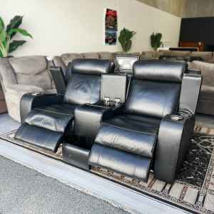 Black Leather Electric Recliner 2 Seaters Sofa with USB Ports, Lights