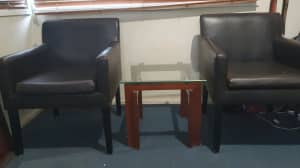 Wooden glass top table 2× leather seats (New)