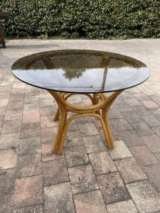 Bamboo Cane Dining Table Vintage Smoked Glass