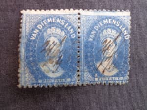 Tasmania 4d Blue QV used pair of stamps.