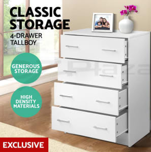 4 Chest of Drawers Tallboy Dresser Table Bedroom Storage Cabinet Whit