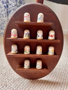 Vintage Bone China Thimble Collection with wooden hanging stand