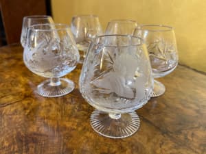 2 X Pinwheel Bohemia Fine Cut Lead Crystal Brandy Glasses Boxed  Czechoslovakia