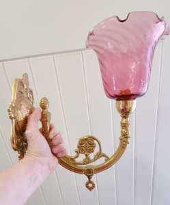 Pair cranberry pink glass wall mounted lights, sconces in brass